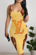 Yellow Sexy Letter Print Contrast U Neck Printed Dresses