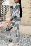 White Grey Casual Plaid Camouflage Print Contrast O Neck Long Sleeve Two Pieces