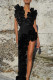 Black Sexy Solid Color Backless Irregular Deep V Neck Sleeveless Two Pieces