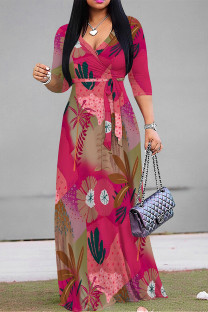 Rose Red Elegant Floral Print Pocket With Belt Contrast V Neck Printed Dresses