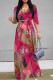 Rose Red Elegant Floral Print Pocket With Belt Contrast V Neck Printed Dresses