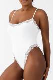 Grey Daily Solid Color Lace Patchwork Spaghetti Strap Skinny Bodysuits