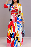 Rose Red Elegant Floral Print Pocket With Belt Contrast V Neck Printed Dresses