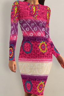 Red Casual Floral Print Tie Dye Contrast O Neck Printed Dresses