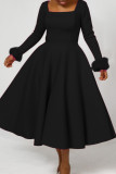 Rose Red Elegant Solid Color Patchwork Zipper Square Neck A Line Dresses