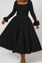 Black Elegant Solid Color Patchwork Zipper Square Neck A Line Dresses