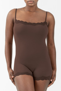 Coffee Sportswear Solid Color Lace Patchwork Spaghetti Strap Skinny Rompers