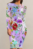 Light Blue Elegant Floral Print Contrast O Neck Printed Dresses
