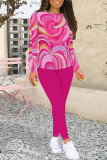 Rose Red Casual Geometric Print Contrast O Neck Long Sleeve Two Pieces