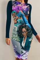 Dark Blue Casual Cartoon Print Contrast O Neck Printed Dresses