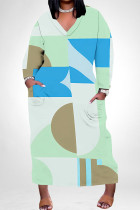 Light Green Casual Geometric Print Snakeskin Print Pocket Contrast V Neck Printed Plus Size Dresses