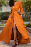 Orange Yellow Elegant Solid Color Buttons Ruched Strap Design V Neck Long Dresses