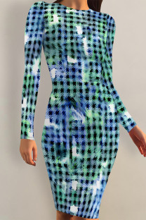 Turquoise Casual Floral Print Tie Dye Contrast O Neck Printed Dresses