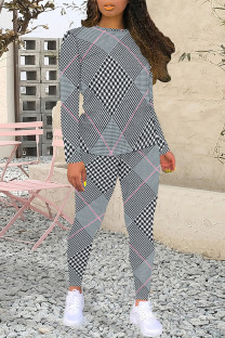 Black Gray Casual Plaid Camouflage Print Contrast O Neck Long Sleeve Two Pieces