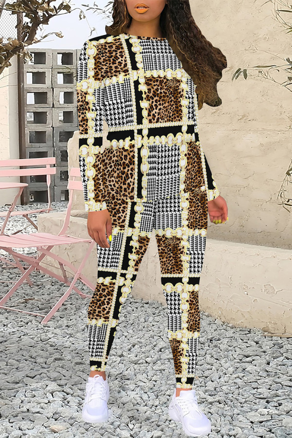 hazel grey Casual Plaid Flowers Tiger Stripes Contrast O Neck Long Sleeve Two Pieces