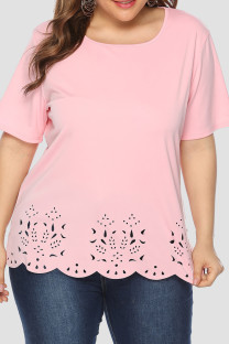 Pink Casual Solid Color Hollow Out Patchwork O Neck Plus Size Tops