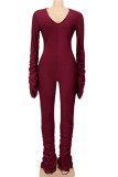 Blue Casual Solid Color Patchwork Deep V Neck Skinny Jumpsuits