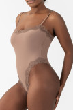 Grey Daily Solid Color Lace Patchwork Spaghetti Strap Skinny Bodysuits