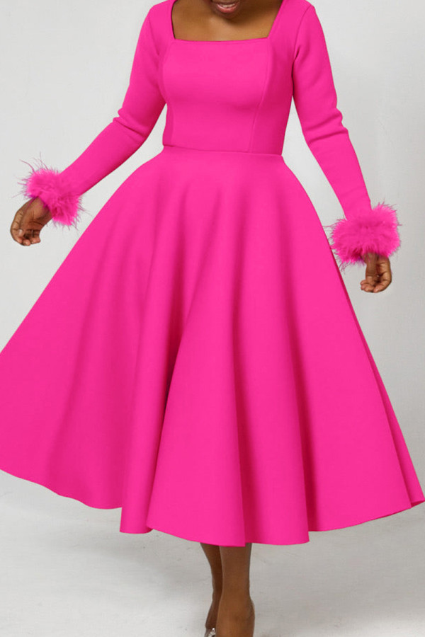 Rose Red Elegant Solid Color Patchwork Zipper Square Neck A Line Dresses