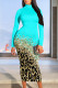 Blue Elegant Map Printing Letters Leopard Contrast Turtleneck Printed Dresses