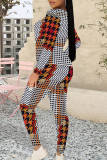 Green Casual Plaid Flowers Tiger Stripes Contrast O Neck Long Sleeve Two Pieces