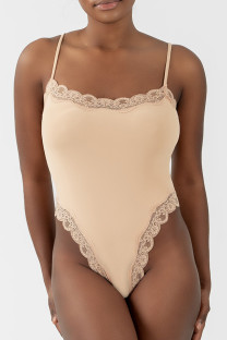 Skin Color Daily Solid Color Lace Patchwork Spaghetti Strap Skinny Bodysuits
