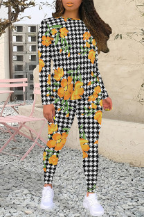 Orange Casual Plaid Flowers Tiger Stripes Contrast O Neck Long Sleeve Two Pieces