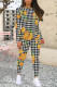 Orange Casual Plaid Flowers Tiger Stripes Contrast O Neck Long Sleeve Two Pieces