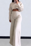 Grey Casual Solid Color Draw String Pocket Patchwork O Neck Long Sleeve Two Pieces