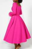 Rose Red Elegant Solid Color Patchwork Zipper Square Neck A Line Dresses