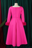 Rose Red Elegant Solid Color Patchwork Zipper Square Neck A Line Dresses