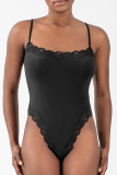 Grey Daily Solid Color Lace Patchwork Spaghetti Strap Skinny Bodysuits