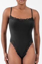 Black Daily Solid Color Lace Patchwork Spaghetti Strap Skinny Bodysuits
