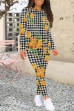 Green Casual Plaid Flowers Tiger Stripes Contrast O Neck Long Sleeve Two Pieces