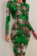 Green Elegant Floral Print Contrast O Neck Printed Dresses