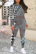 Blue Black Casual Plaid Camouflage Print Contrast O Neck Long Sleeve Two Pieces