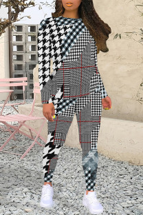 Blue Black Casual Plaid Camouflage Print Contrast O Neck Long Sleeve Two Pieces