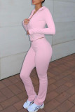 Pink Casual Solid Color Patchwork Zipper Hooded Long Sleeve Two Pieces