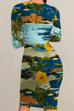 Light Blue Elegant Floral Print Contrast O Neck Printed Dresses