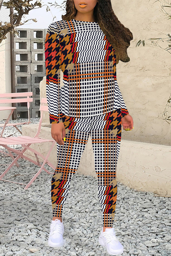 Orange Red Casual Plaid Flowers Tiger Stripes Contrast O Neck Long Sleeve Two Pieces