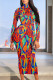 Red Elegant Map Printing Letters Leopard Contrast Turtleneck Printed Dresses