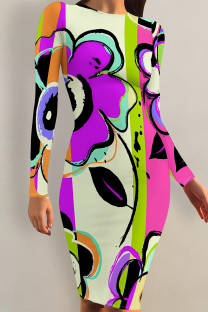 Purple Elegant Floral Print Contrast O Neck Printed Dresses