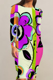 Light Blue Elegant Floral Print Contrast O Neck Printed Dresses