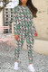 Green Street Floral Print Letters Contrast O Neck Long Sleeve Two Pieces