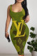 Green Sexy Letter Print Contrast U Neck Printed Dresses