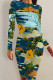 Tibetan Blue Elegant Floral Print Contrast O Neck Printed Dresses