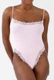 Grey Daily Solid Color Lace Patchwork Spaghetti Strap Skinny Bodysuits