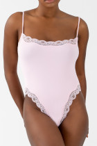 Pink Daily Solid Color Lace Patchwork Spaghetti Strap Skinny Bodysuits