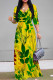 Green Yellow Elegant Floral Print Pocket With Belt Contrast V Neck Printed Dresses