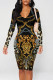 Black Gold Street Graffiti Print Chain print Contrast V Neck Printed Dresses